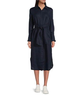 J.McLaughlin Orla Stretch Cotton Point Collar Long Sleeve Belted Midi Shirt Dress