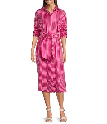 J.McLaughlin Orla Stripe Shirt Collar Long Sleeve Tie Waist Button Front Midi Dress