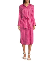 J.McLaughlin Orla Stripe Shirt Collar Long Sleeve Tie Waist Button Front Midi Dress
