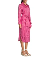 J.McLaughlin Orla Stripe Shirt Collar Long Sleeve Tie Waist Button Front Midi Dress