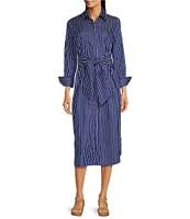 J.McLaughlin Orla Stripe Shirt Collar Long Sleeve Tie Waist Button Front Midi Dress