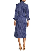 J.McLaughlin Orla Stripe Shirt Collar Long Sleeve Tie Waist Button Front Midi Dress