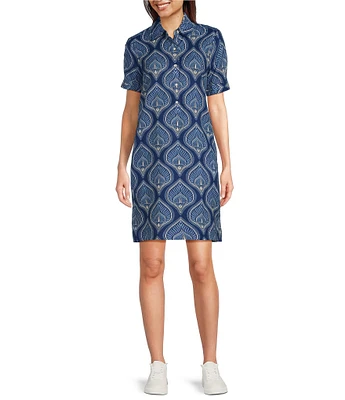 J.McLaughlin Printed Linen Cotton Blend Point Collar Short Sleeve Dress