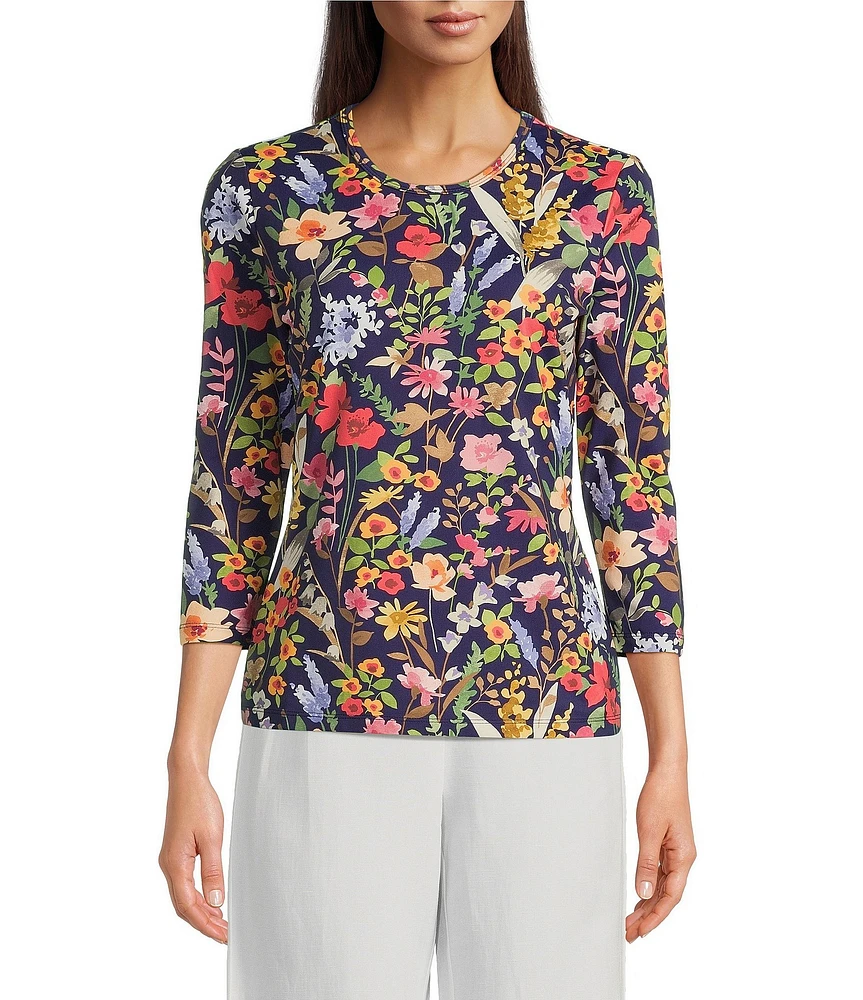 J.McLaughlin Signature Catalina Cloth Floral Print Round Neck 3/4 Sleeve Top
