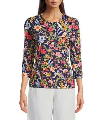 J.McLaughlin Signature Catalina Cloth Floral Print Round Neck 3/4 Sleeve Top