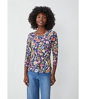 J.McLaughlin Signature Catalina Cloth Floral Print Round Neck 3/4 Sleeve Top