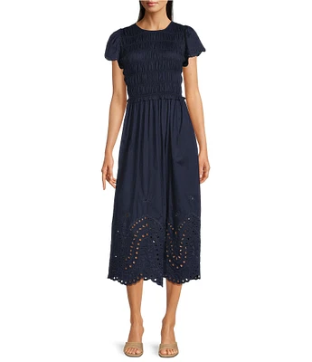 J.McLaughlin Somerset Smocked Round Neck Ruffle Cap Sleeve Eyelet Midi Dress