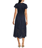J.McLaughlin Somerset Smocked Round Neck Ruffle Cap Sleeve Eyelet Midi Dress