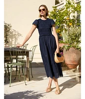 J.McLaughlin Somerset Smocked Round Neck Ruffle Cap Sleeve Eyelet Midi Dress