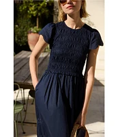 J.McLaughlin Somerset Smocked Round Neck Ruffle Cap Sleeve Eyelet Midi Dress