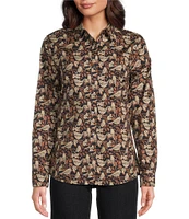 J.McLaughlin Stretch Cotton Poplin Bird Print Point Collar Long Sleeve Button Front Shirt