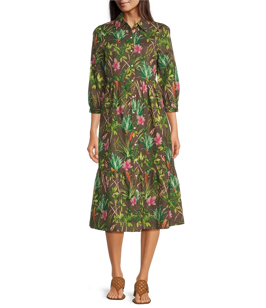 J.McLaughlin Tybee Floral Print Point Collar 3/4 Sleeve Dress