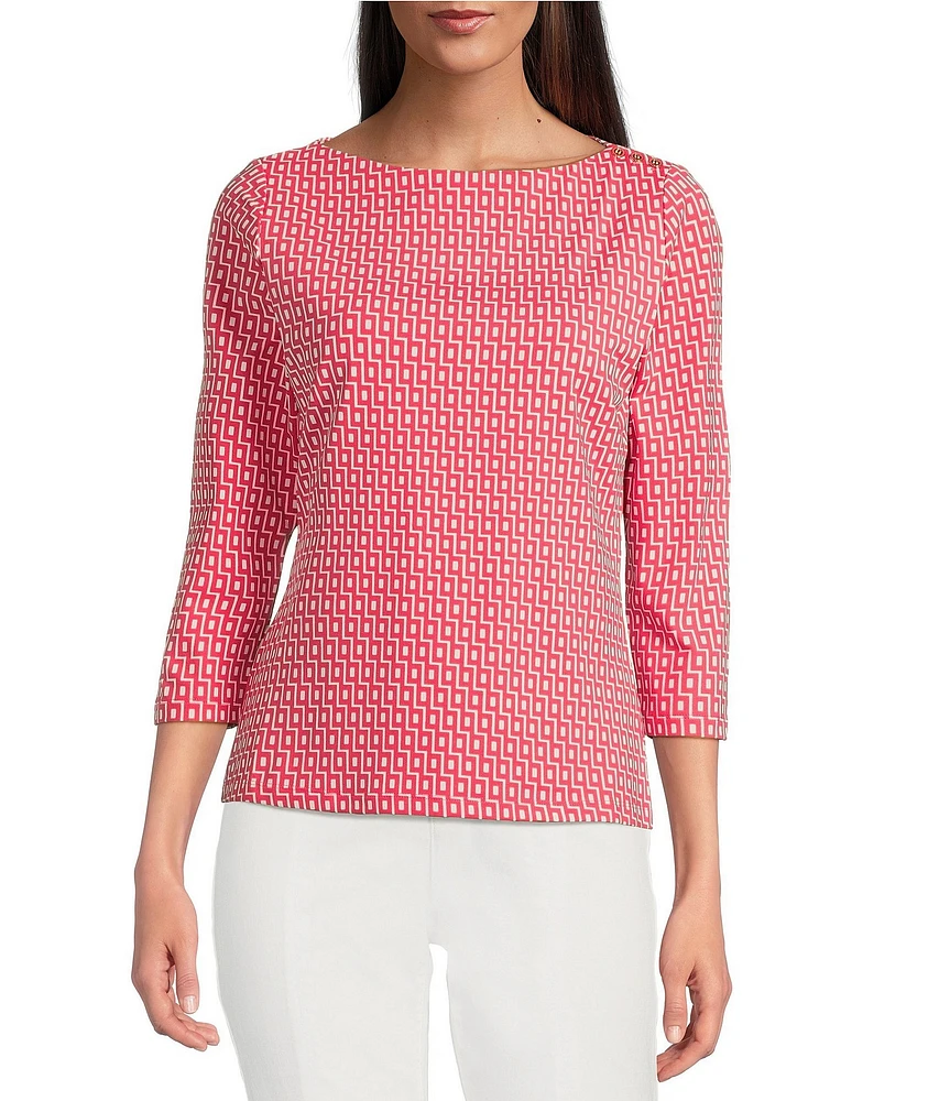 J.McLaughlin Wavesong Catalina Cloth Geo Print Button Boat Neck 3/4 Sleeve Top