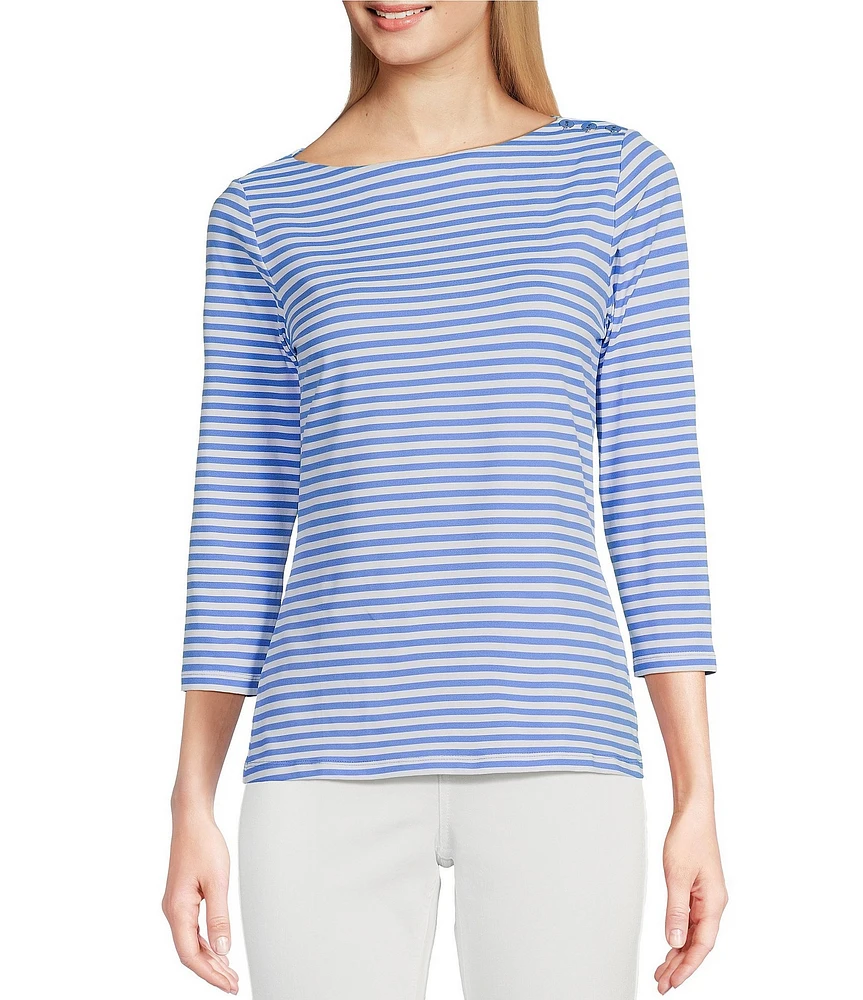 J.McLaughlin Wavesong Striped Print 3/4 Sleeve Button Shoulder Tee Shirt