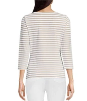 J.McLaughlin Wavesong Striped Print 3/4 Sleeve Button Shoulder Tee Shirt