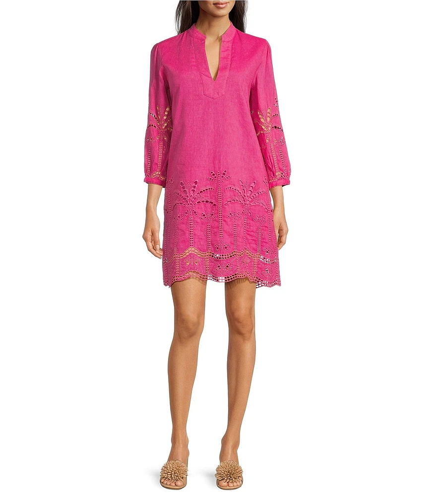 J.McLaughlin Woven Eyelet Split V-Neck 3/4 Sleeve Dress