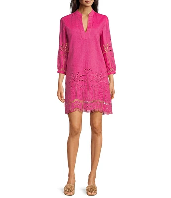 J.McLaughlin Woven Eyelet Split V-Neck 3/4 Sleeve Dress