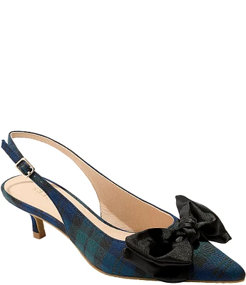 Jack Rogers Debra Tartan Plaid Satin Bow Slingback Kitten Heel Pumps