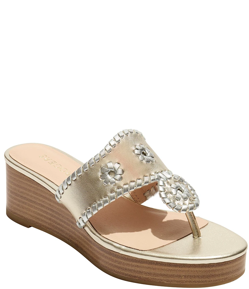 Jack Rogers Jacks Metallic Leather Platform T-Strap Thong Wedge Sandals