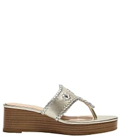 Jack Rogers Jacks Metallic Leather Platform T-Strap Thong Wedge Sandals