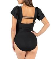 Janela Bay Black Ribbed Double Ruffle Sleeves Square Neck One Piece Swimsuit