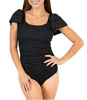 Janela Bay Black Ribbed Double Ruffle Sleeves Square Neck One Piece Swimsuit