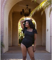 Janela Bay Black Ribbed Double Ruffle Sleeves Square Neck One Piece Swimsuit