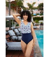 Janela Bay La Valencia V-Neck Open Back Ruched One Piece Swimsuit