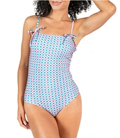 Janela Bay Sunburst Square Neck Faux Tie Bow Shoulder Straps Tank One Piece Swimsuit