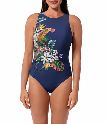 Jantzen Palm Delight Farrah High Neck Tummy Control Open Back One Piece Swimsuit