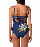 Jantzen Palm Delight Hilda Square Neck Tummy Control Shirred One Piece Swimsuit