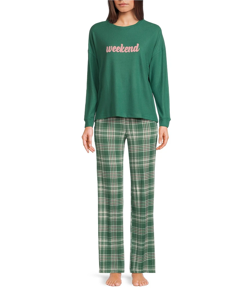 Jasmine & Ginger Brushed Knit Solid Long Sleeve Round Neck Top & Plaid Printed Pant Pajama Set