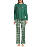 Jasmine & Ginger Brushed Knit Solid Long Sleeve Round Neck Top & Plaid Printed Pant Pajama Set