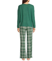 Jasmine & Ginger Brushed Knit Solid Long Sleeve Round Neck Top & Plaid Printed Pant Pajama Set