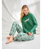 Jasmine & Ginger Brushed Knit Solid Long Sleeve Round Neck Top & Plaid Printed Pant Pajama Set