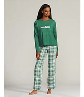 Jasmine & Ginger Brushed Knit Solid Long Sleeve Round Neck Top & Plaid Printed Pant Pajama Set