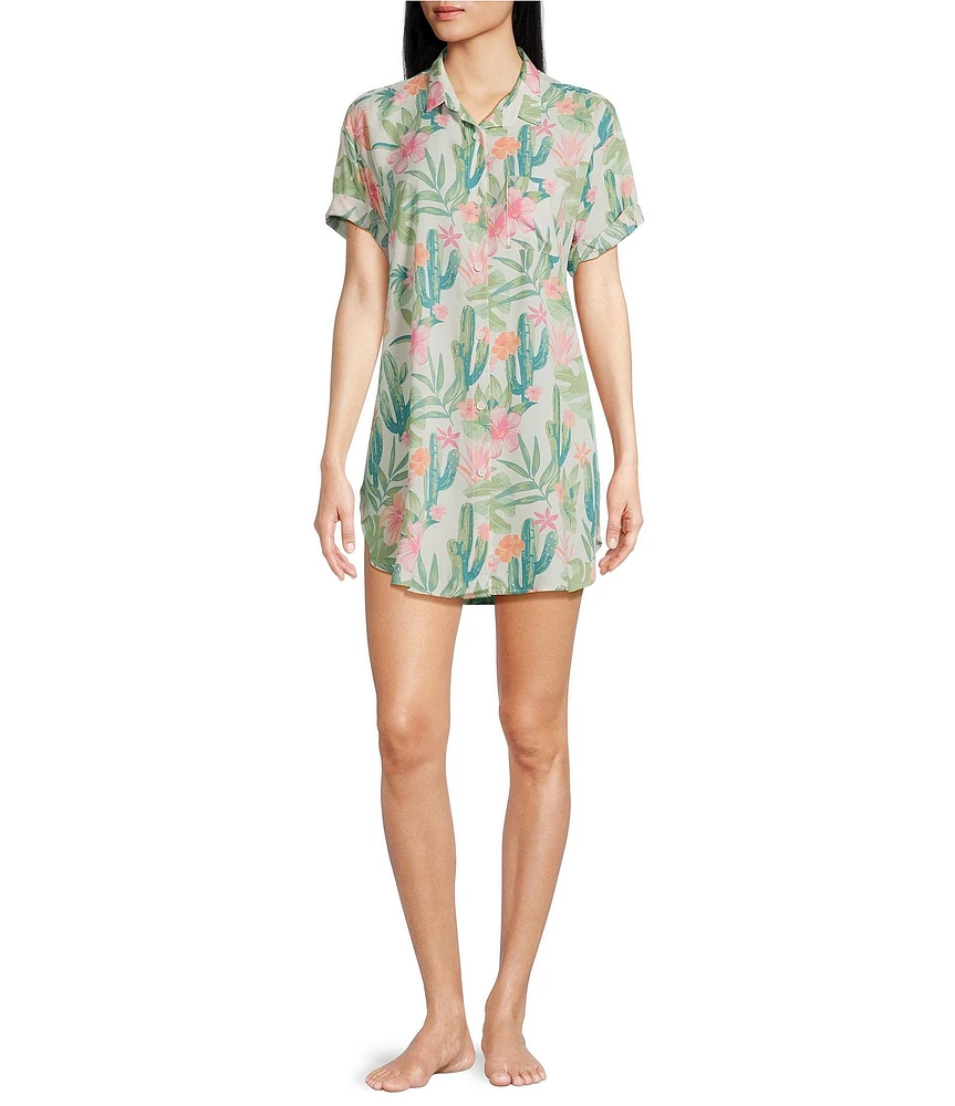 Jasmine & Ginger Coastal Desert Woven Short Sleeve Button-Front Nightshirt