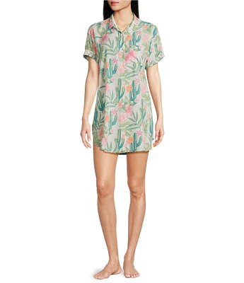 Jasmine & Ginger Coastal Desert Woven Short Sleeve Button-Front Nightshirt