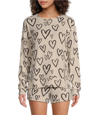 Jasmine & Ginger Doodle Heart Print Long Sleeve Crew Neck Coordinating Knit Sleep Top