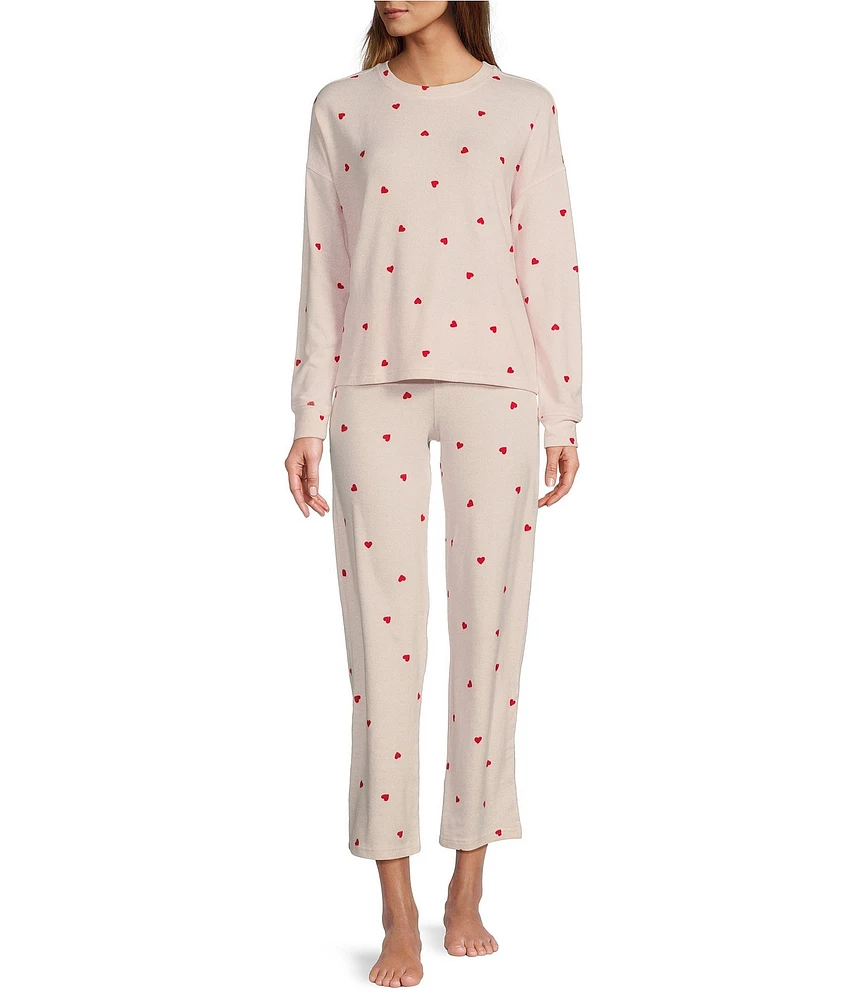 Jasmine & Ginger Heart Print Brushed Knit Long Sleeve Round Neck Top & Pant Pajama Set