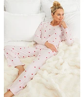 Jasmine & Ginger Heart Print Brushed Knit Long Sleeve Round Neck Top & Pant Pajama Set