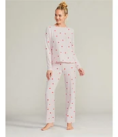 Jasmine & Ginger Heart Print Brushed Knit Long Sleeve Round Neck Top & Pant Pajama Set