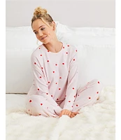 Jasmine & Ginger Heart Print Brushed Knit Long Sleeve Round Neck Top & Pant Pajama Set