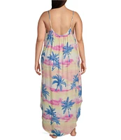 Jasmine & Ginger Plus Size Palm Sunset Print Sleeveless Scoop Neck Woven Chemise