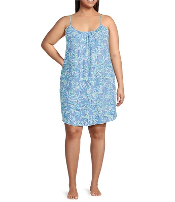 Jasmine & Ginger Plus Size Sleeveless Scoop Neck Woven Abstract Palms Chemise