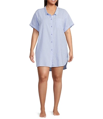 Jasmine & Ginger Plus Size Striped Seersucker Short Sleeve Button Front Nightshirt