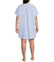 Jasmine & Ginger Plus Size Striped Seersucker Short Sleeve Button Front Nightshirt