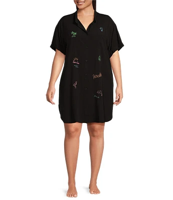 Jasmine & Ginger Plus Size Woven Short Sleeve Button-Front Collar Embroidered Detail Sleepshirt