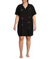 Jasmine & Ginger Plus Size Woven Short Sleeve Button-Front Collar Embroidered Detail Sleepshirt