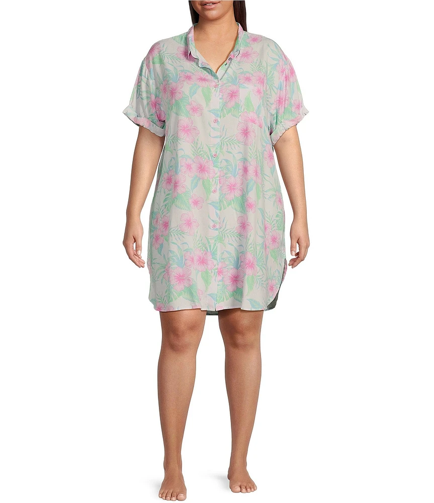 Jasmine & Ginger Plus Size Woven Short Sleeve Button Front Collar Hibiscus Print Sleepshirt